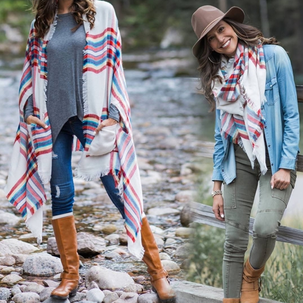 Grace and Lace Open Faced Poncho Sweater Arm Holes & Pockets Fringe Hem Wrap